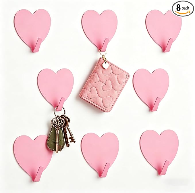 Heart Wall Hooks, 8 Pack, Small Pink Decorative Accessories, Purse Hanger by DueHoppee