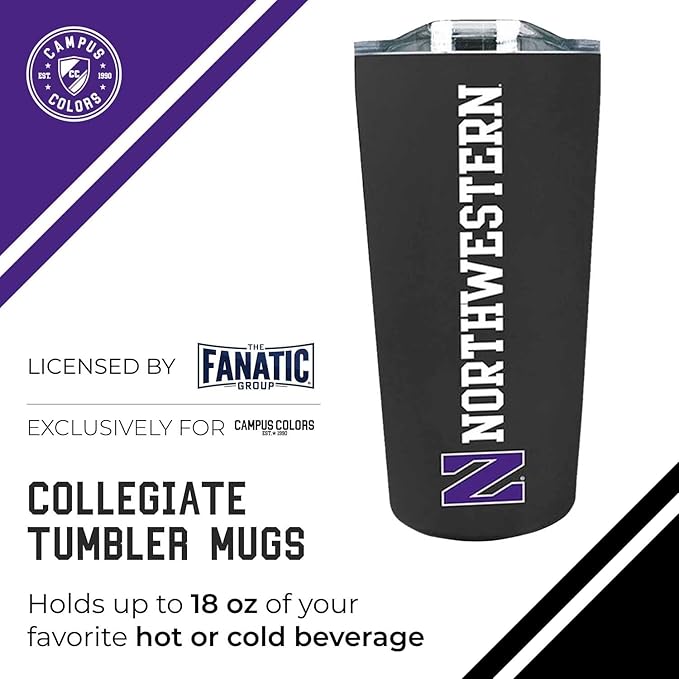 Campus Colors NCAA Stainless Steel Tumbler perfect for Gameday - 18 oz - Double Walled - Keeps Drinks Perfectly Insulated (Northwestern Wildcats - Black)