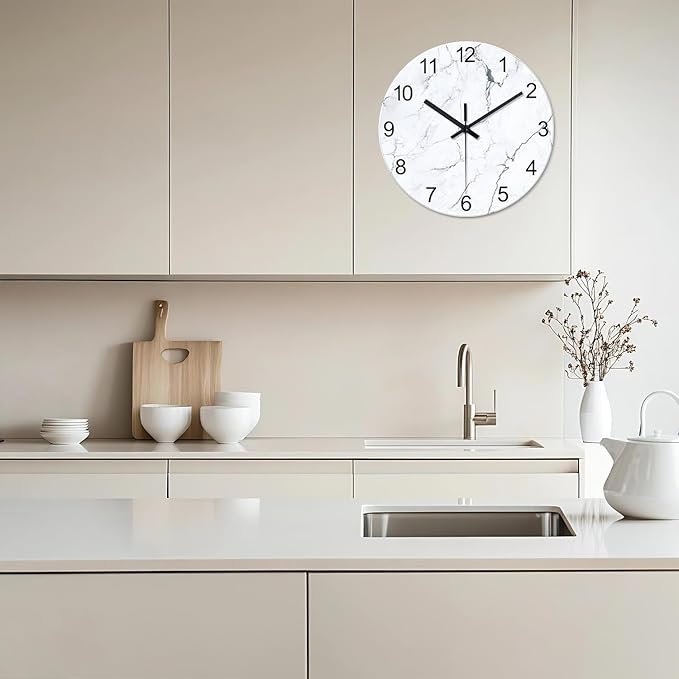 White Marble Glass Wall Clocks Battery Operated 12 Inch Abstract Decorative - Image 5