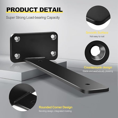 2 Pack - 6 inch Black Hidden L Shelf Bracket Iron Floating Shelf Brackets - Image 2