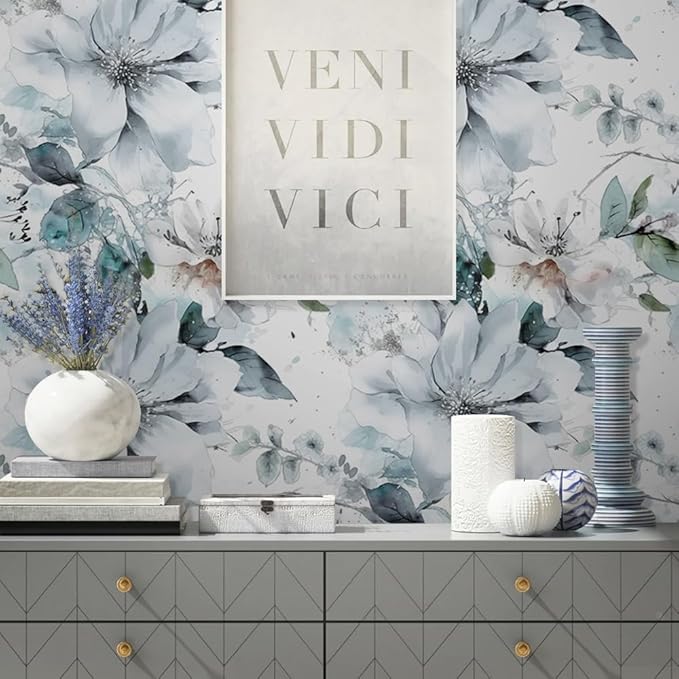 Ice Blue White Large Hyacinth Floral Green Leaf Peel and Stick Wallpaper Wall - Image 4