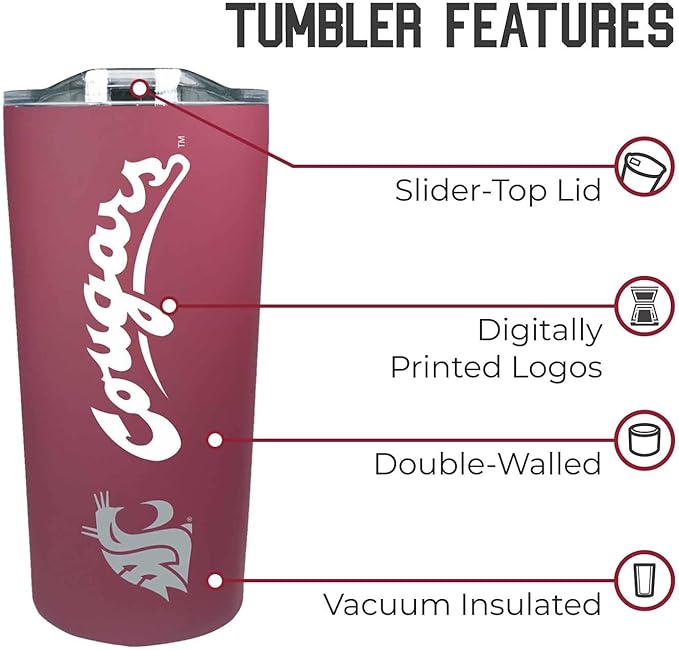 Campus Colors NCAA Stainless Steel Tumbler perfect for Gameday - 18 oz - Double Walled - Keeps Drinks Perfectly Insulated (Washington State Cougars - Maroon)