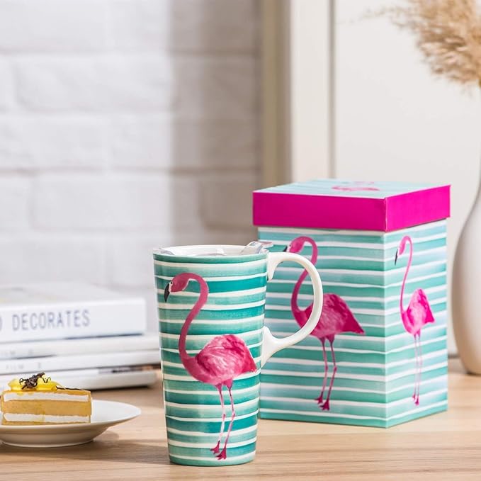 Topadorn Ceramic Travel Coffee Cup with Lid Ceramic Mug with Gift Box, Unique Coffee Mug for Latte & Hot Chocolate, Holiday Office Gift Her Him, Flamingo
