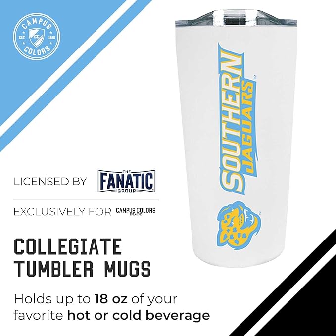 Campus Colors NCAA Stainless Steel Tumbler perfect for Gameday - 18 oz - Double Walled - Keeps Drinks Perfectly Insulated (Southern University - White)