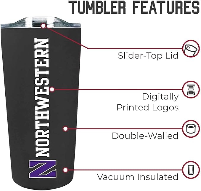 Campus Colors NCAA Stainless Steel Tumbler perfect for Gameday - 18 oz - Double Walled - Keeps Drinks Perfectly Insulated (Northwestern Wildcats - Black)