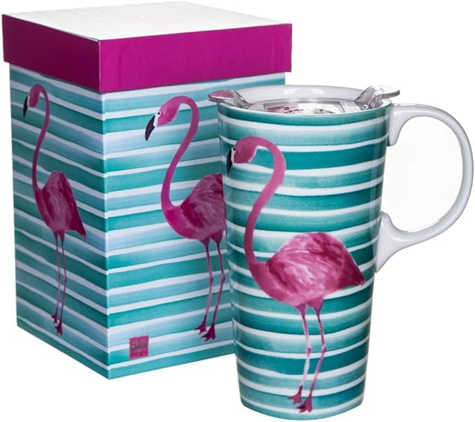 Topadorn Ceramic Travel Coffee Cup with Lid Ceramic Mug with Gift Box, Unique Coffee Mug for Latte & Hot Chocolate, Holiday Office Gift Her Him, Flamingo