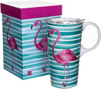 Topadorn Ceramic Travel Coffee Cup with Lid Ceramic Mug with Gift Box, Unique Coffee Mug for Latte & Hot Chocolate, Holiday Office Gift Her Him, Flamingo