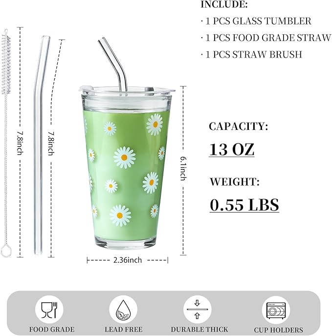 15oz Glass Tumbler with Glass Straw and Lid, Cute Iced Coffee Cups, Aesthetic Glass Cups, Coffee Tumbler, Water Cup, Matcha Cup, Drinking Glasses (Daisy)