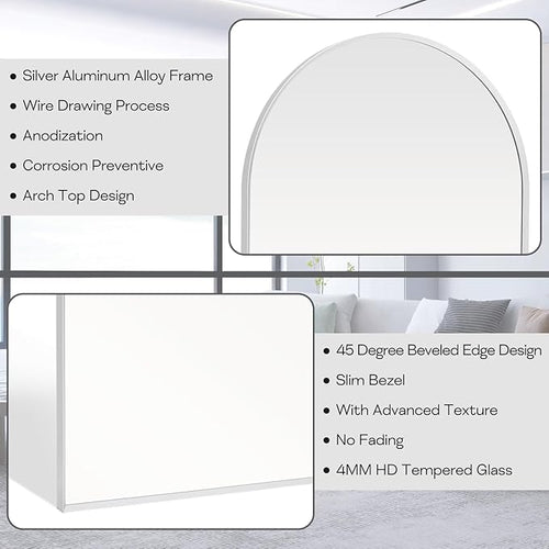 22" x 30" Silver Arched Mirror, Arch Bathroom Vanity Mirror, Modern Aluminum - Image 2