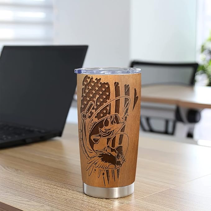 wowcugi Custom Tumbler For Men 20oz 30oz Born To Fish Forced To Work Personalized Insulated Cup Gifts For Fishing Wood Style Mug For Dad Grandpa Husband Boyfriend Son Birthday Valentines Fathers Day