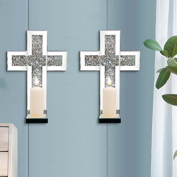 Aeveco Crystal Crush Diamond Mirrored Candle Sconces, Wall Decoration - Image 5