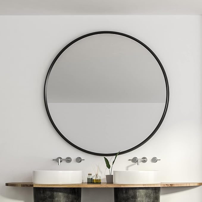 Itrue 30 Inch Round Wall Mirror, Brushed Black Metal Frame Circle Bathroom - Image 3