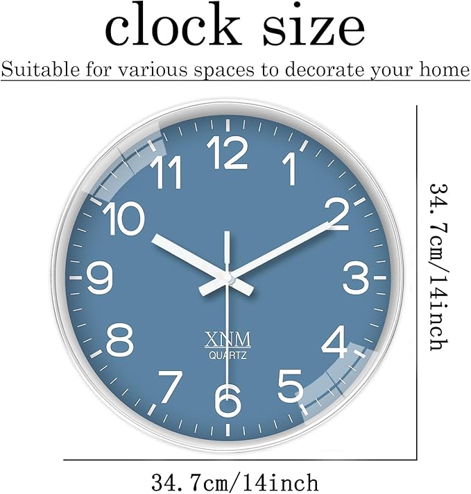XNM 14 Inch Blue Minimalist Wall Clocks Battery Operated Analog Clock Decorative - Image 3