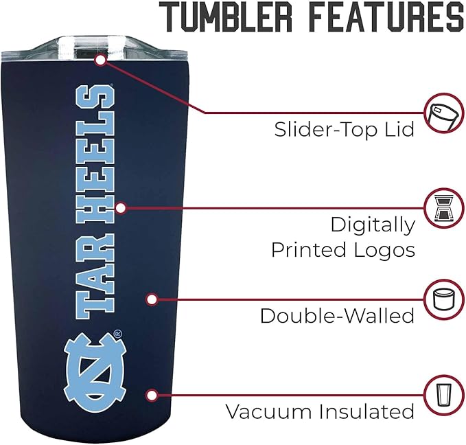 Campus Colors College Stainless Steel, Double Walled, Vacuum Insulated, Reusable Collegiate Tumbler with Slider-Top Lid for Travel, Sports, and Coffee,18 oz (North Carolina Tar Heels - Navy)