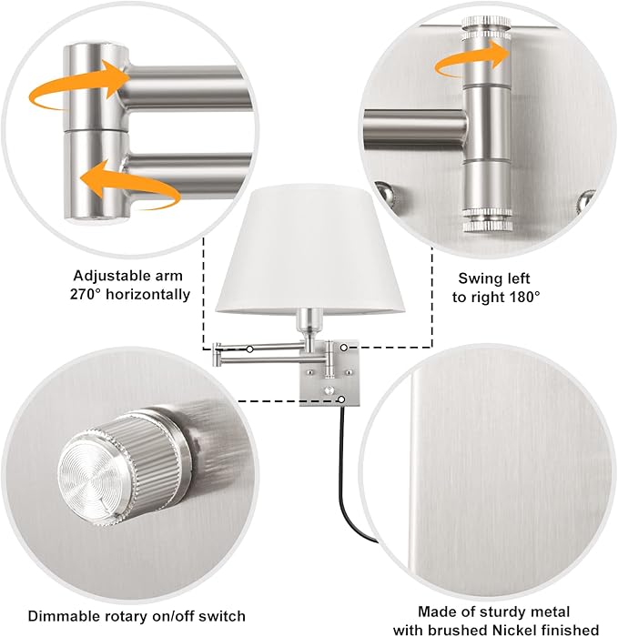 TRLIFE Dimmable Wall Sconce Plug in, Brushed Nickel Wall Sconces Set of Two - Image 2