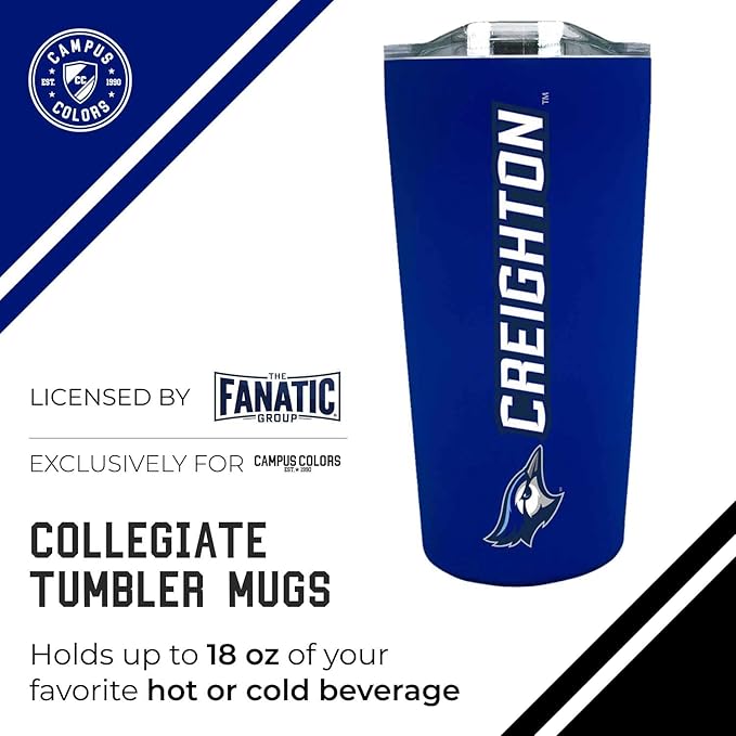 Campus Colors NCAA Stainless Steel Tumbler perfect for Gameday - 18 oz - Double Walled - Keeps Drinks Perfectly Insulated (Creighton Bluejays - Blue)