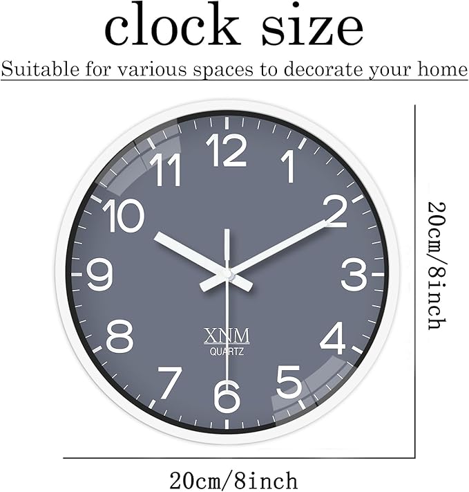 XNM Small Grey Minimalist Wall Clocks Battery Operated 8 Inch Classic Analog - Image 5