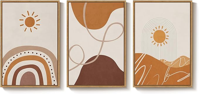 Framed Neutral Abstract Boho Wall Art Bedroom, 3 Piece Terracotta Beige - Image 9