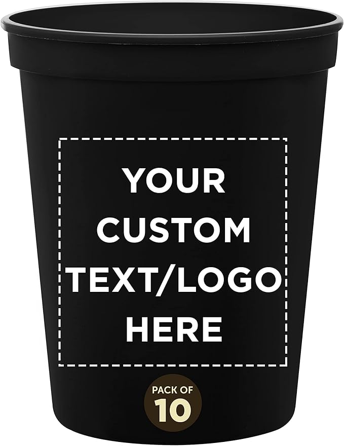DISCOUNT PROMOS Custom Plastic Stadium Cups 16 oz. Set of 10, Personalized Bulk Pack - Perfect for Birthdays, Weddings, Picnic, Beach, Parties - Black