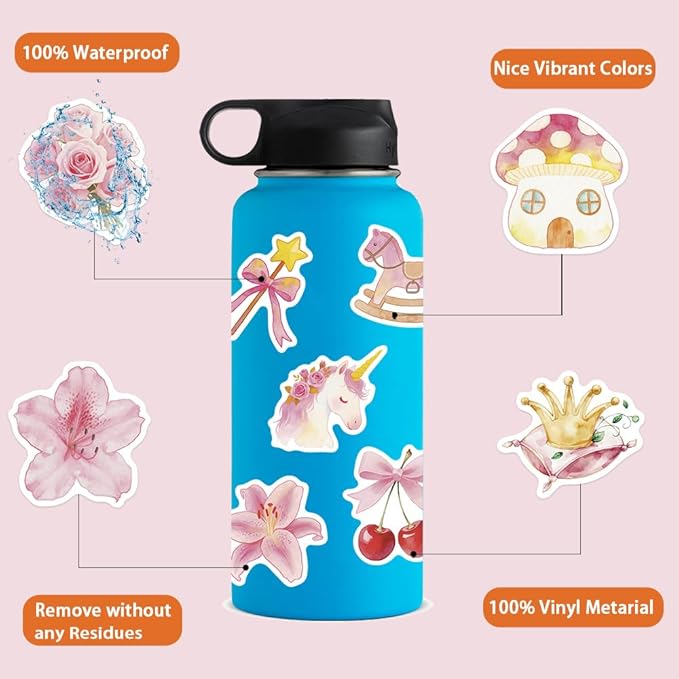 100 PCS Girl's Pink Aesthetic Stickers, Waterproof Vinyl Stickers for Water Bottles,Laptop Scrapbook Journaling Decorative Decals for Kids Teens Woman Adults