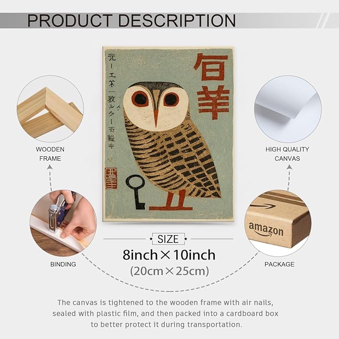 Vintage Japanese Framed Wall Art Owl Poster Mid Century Animal Print 8x10in - Image 2