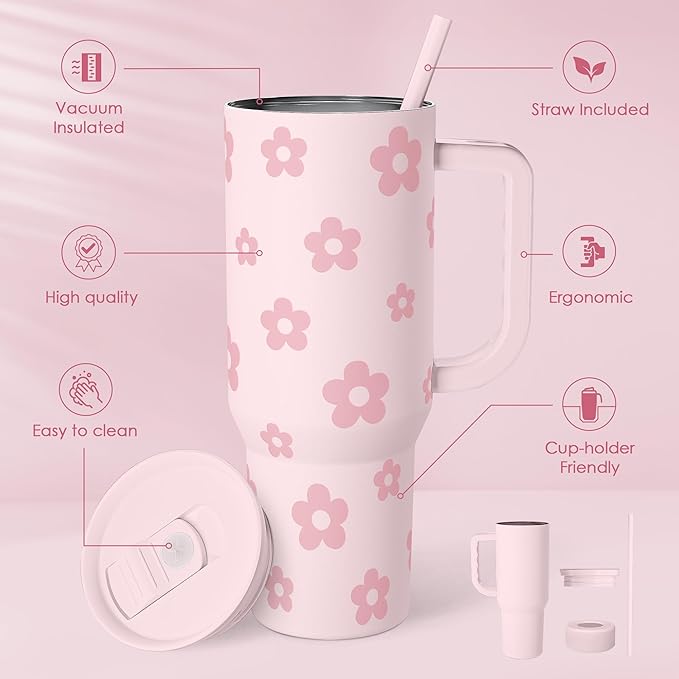 SANDJEST Floral Tumbler with Handle and Straw 40oz Stainless Sleel Slider Tumbler Travel Coffee Mug for Women - Gift Idea for Birthday Christmas
