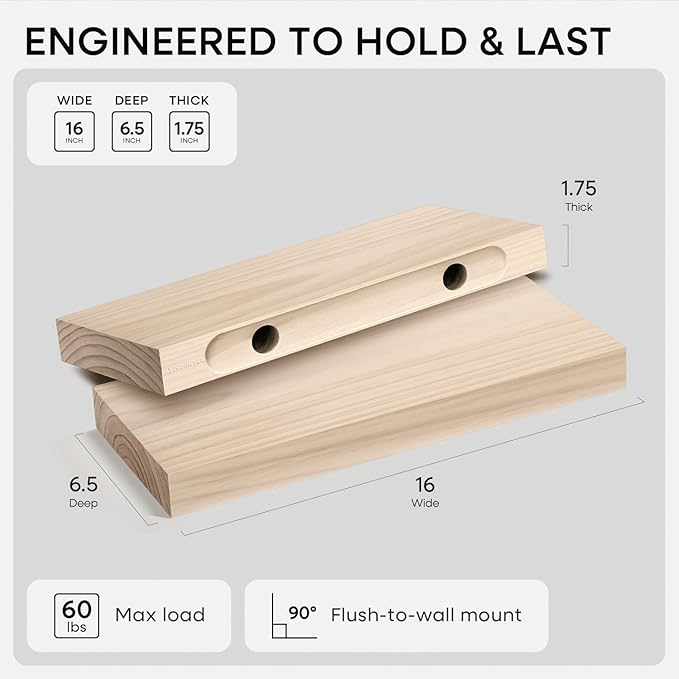 Homeforia Wood Floating Shelf 16 inch, High End Solid Natural Wood 16inch - Image 2