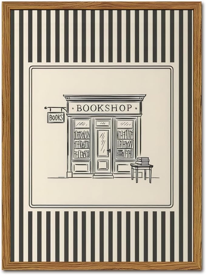 Vintage Striped Bookshop Wall Art, Retro Black and White Pictures Wall Decor by YYNISPINWallArt