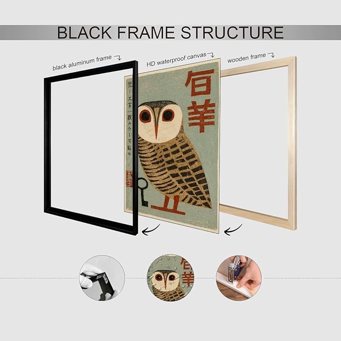 Vintage Japanese Black Framed Wall Art Owl Poster Mid Century Animal Print - Image 3