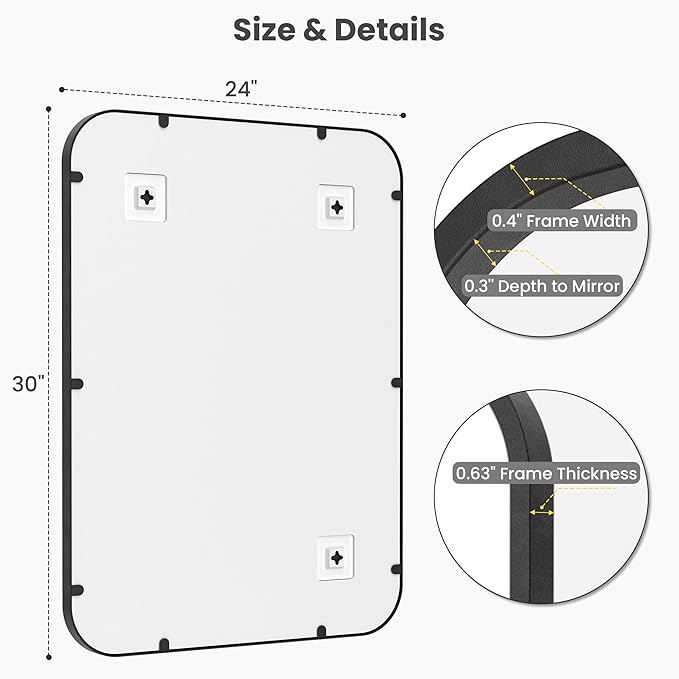 2-Pack 24x30 Inch Matte Black Bathroom Vanity Mirrors | Flush Mount Deep Set - Image 4