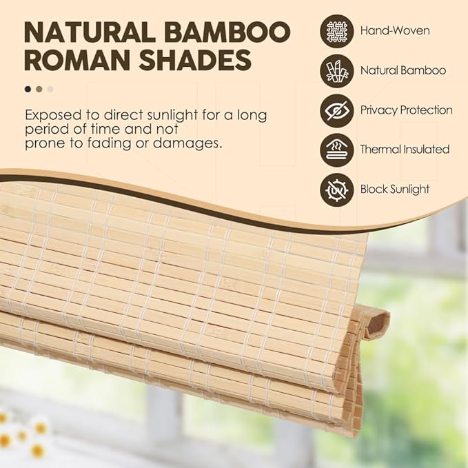 Cordless Bamboo Roman Shades, Light Filtering Bamboo Shades Blinds Window - Image 2