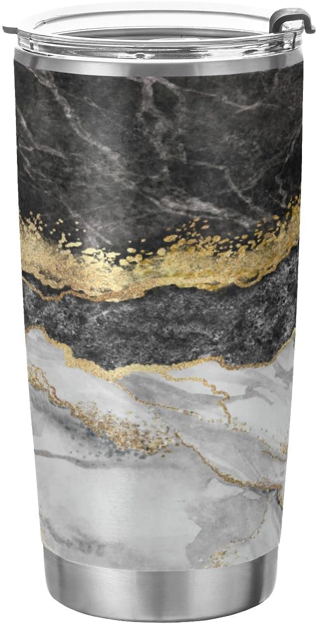 Tumbler Stainless Steel Vacuum Insulated Cup Double Walled, Simple Thermos Gold Black Marble Travel Mug for Coffee, Beverages, Tea with Straw and Lid