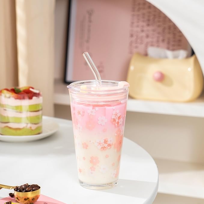 15oz Glass Tumbler with Glass Straw and Lid, Cute Iced Coffee Cups, Aesthetic Glass Cups, Coffee Tumbler, Water Cup, Matcha Cup, Drinking Glasses (Cherry blossom)