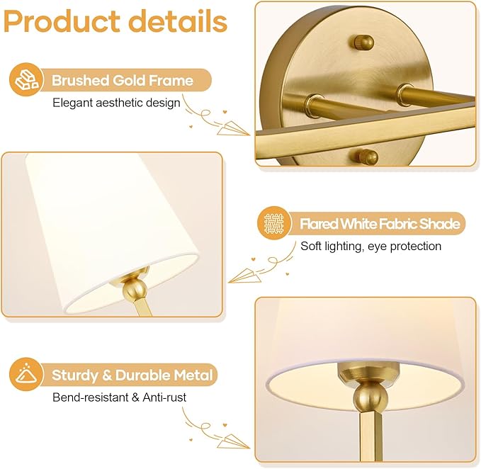 MOKATNG Bathroom Light Fixtures, 2-Light Brushed Gold Vanity Lights, Bathroom - Image 8