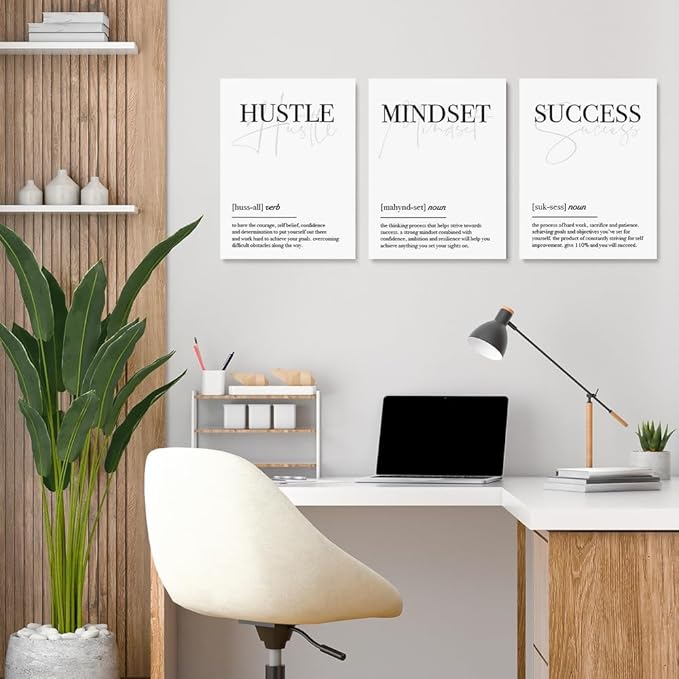 GUBIYU Hustle Mindset Success Wall Art Set of 3 Framed Canvas Black and White - Image 3