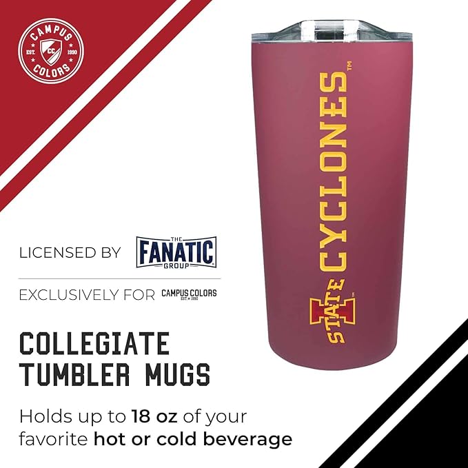 Campus Colors NCAA Stainless Steel Tumbler perfect for Gameday - 18 oz - Double Walled - Keeps Drinks Perfectly Insulated (Iowa State Cyclones - Maroon)