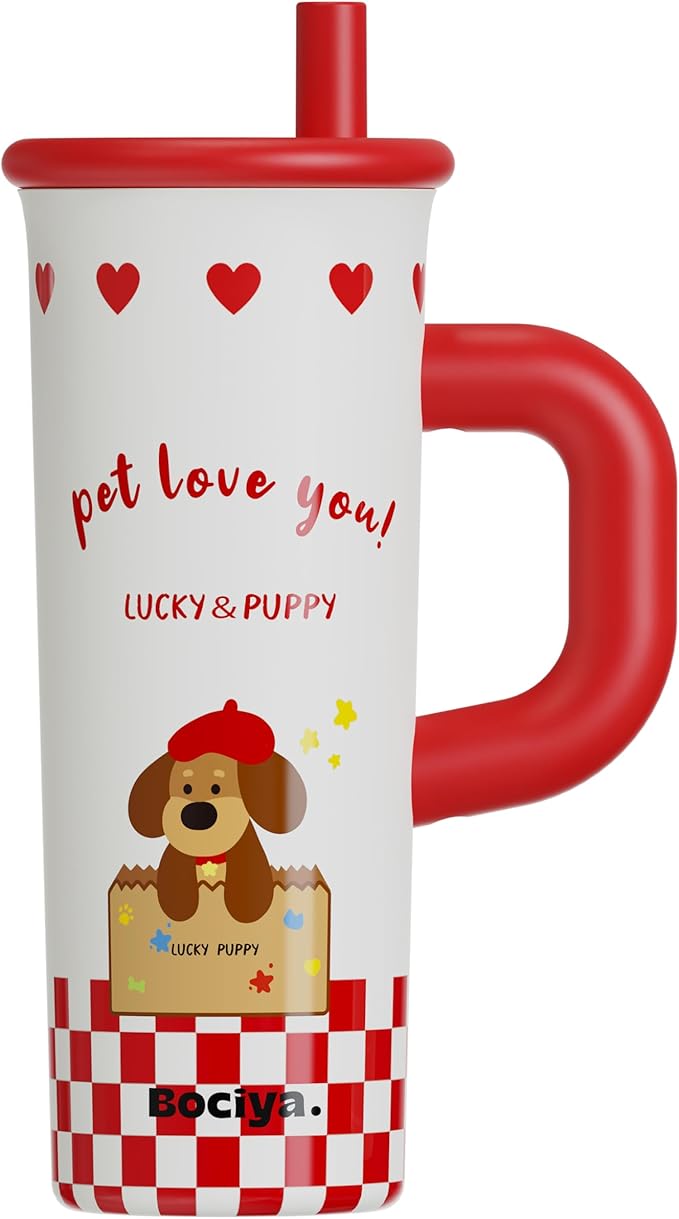 ZZT 26 oz Insulated Tumbler with Telescopic Straw and Dust Lid, Cute Animal And Sea Shell Stainless Steel School Travel Working With Dust Cap,Great Gifts for Women & Girls (Lucky Dog)
