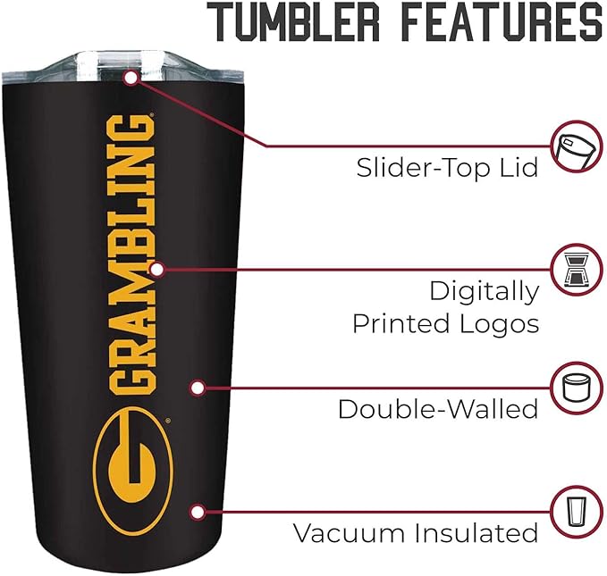 Campus Colors NCAA Stainless Steel Tumbler perfect for Gameday - 18 oz - Double Walled - Keeps Drinks Perfectly Insulated (Grambling State University - Black)