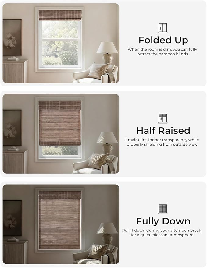 UNISHADES No Drill Cordless Bamboo Roman Shades, Light Filtering Woven Natural - Image 4