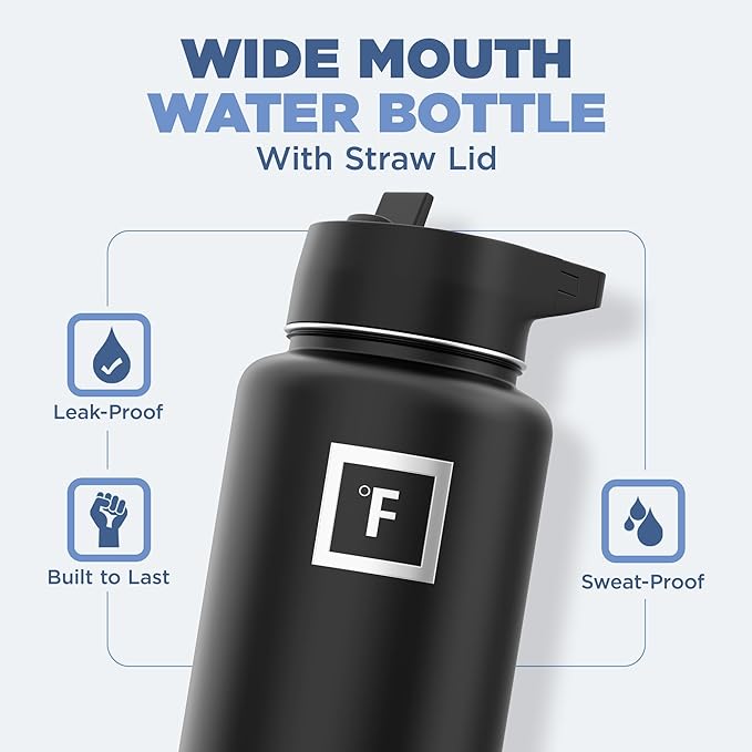 IRON °FLASK Camping & Hiking Hydration Flask with 3 Lids - Stainless Steel, Double Walled & Vacuum Insulated Water Bottle - Leak Proof & BPA Free (Navy Blue, Straw - 32 oz)
