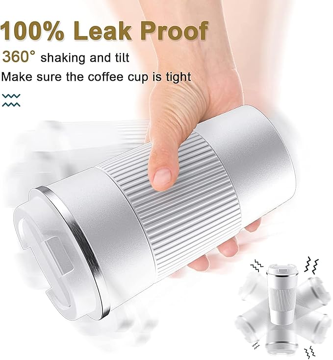 12oz Travel Coffee Mug Spill Proof, Insulated Coffee Mug with Lid, Leakproof Coffee Tumbler,Stainless Steel Vacuum Coffee Cup for Hot/Cold Drinks, Reusable Coffee Cup for Men Women -380ml,White