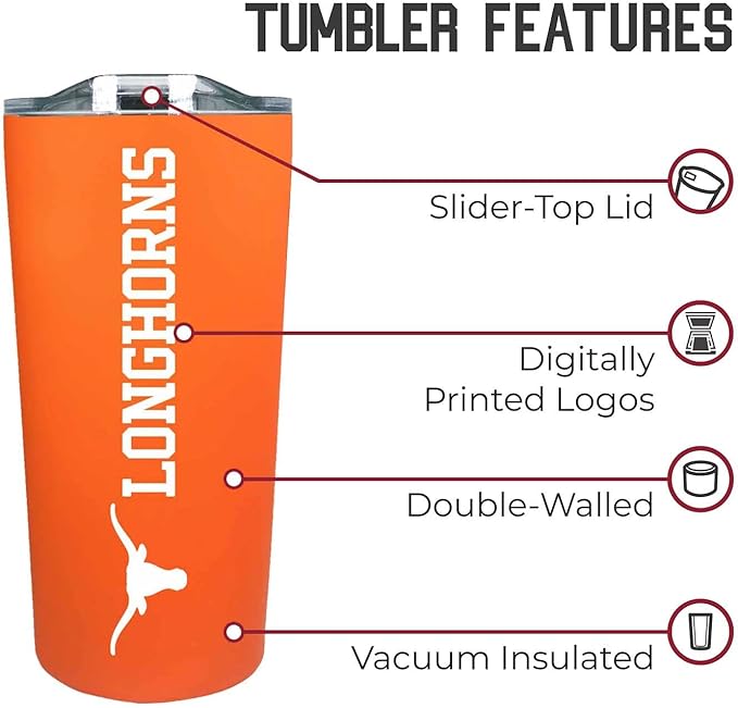 Campus Colors NCAA Stainless Steel Tumbler perfect for Gameday - 18 oz - Double Walled - Keeps Drinks Perfectly Insulated (Texas Longhorns - Texas Orange)