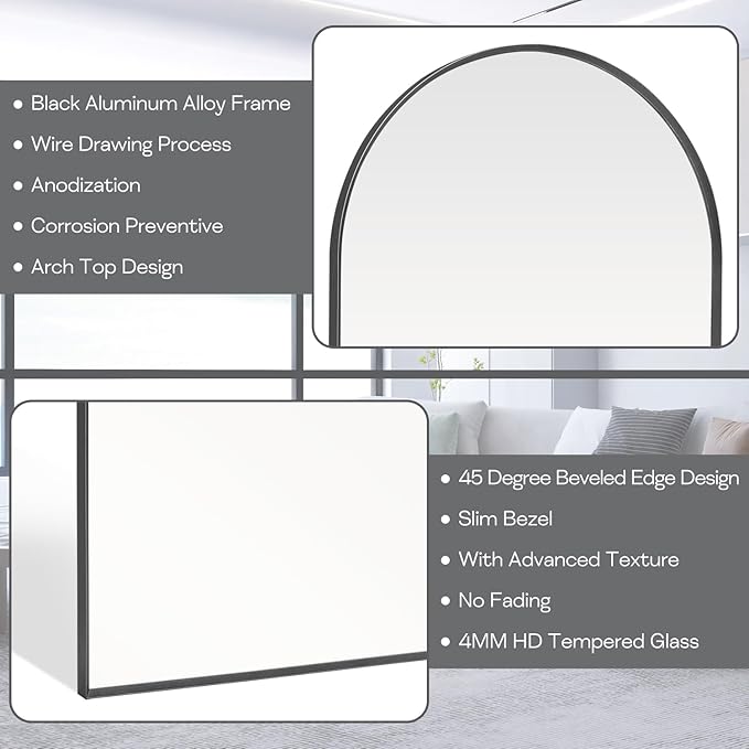 24" x 32" Black Arched Mirror, Arch Wall Mirror, Metal Frame Black Bathroom - Image 3