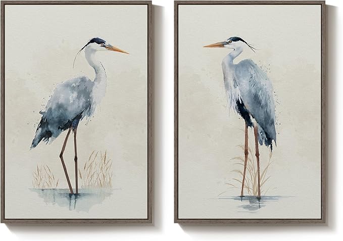 Large Framed Vintage Bird Wall Art, 2 Piece Neutral Blue Heron Canvas Painting - Image 9