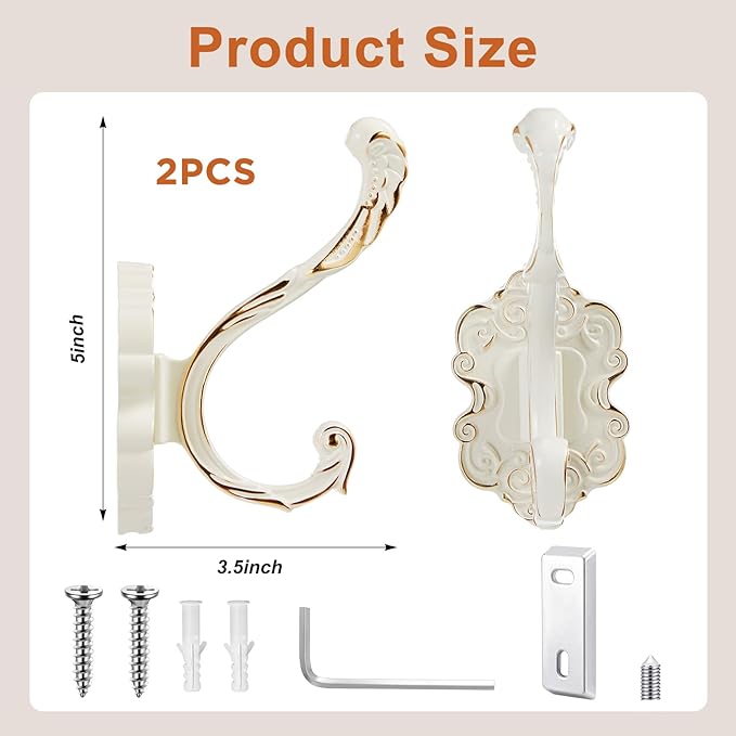 Zonon 2 Pcs White Wall Hooks Set Vintage Coat & Towel Hooks - Image 2