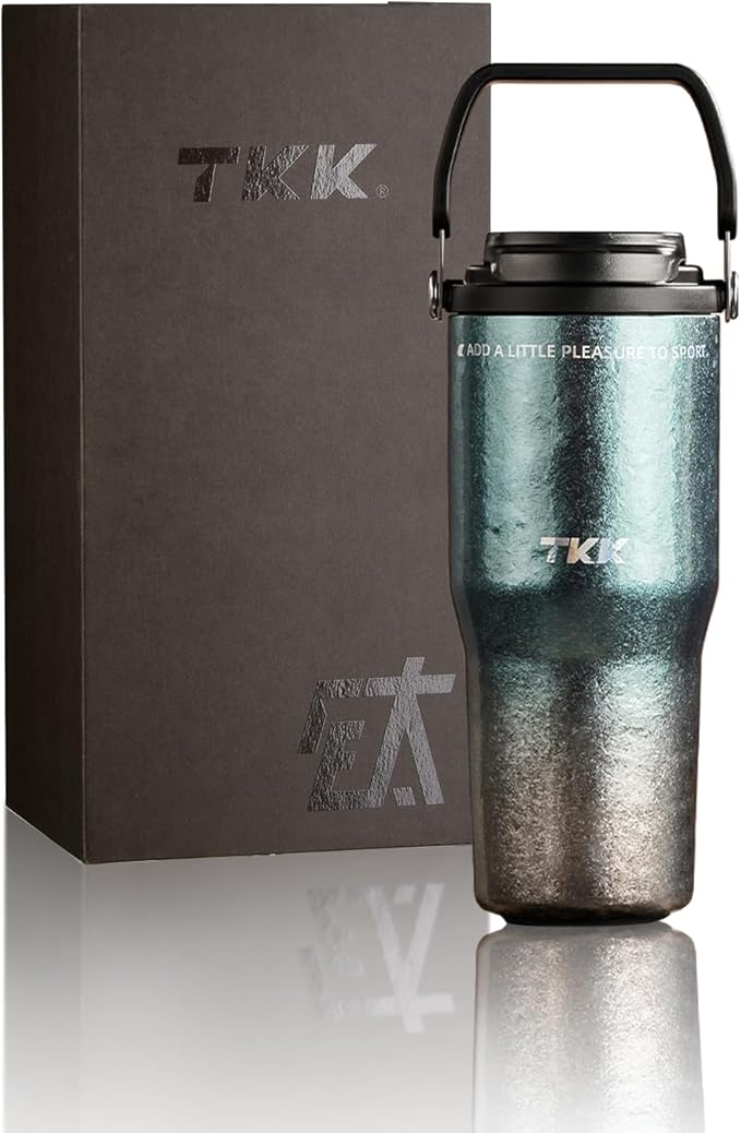 TKK 24oz Pure Titanium Inner Tumbler with Straw Lid, Vacuum Insulated Cup Leakproof Double Walled Travel Mug with Handle, Dishwasher Safe for Hot/Cold Drinks, Titanium Blue