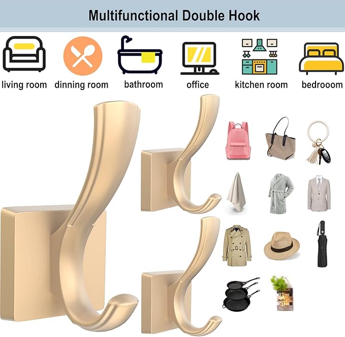 TOFIIGREM Gold Towel Hooks for Wall, Heavy Duty Thick Metal Bathroom Coat Hooks - Image 3