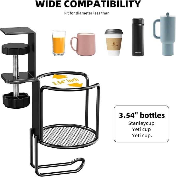 2 Pack 2 in 1 Desk Mug Hooks with Headphone Hanger Holder, Anti-Spill Clip-On Table Mug Hooks with 360° Rotation for Lawn Chair, Office Home Gaming Table