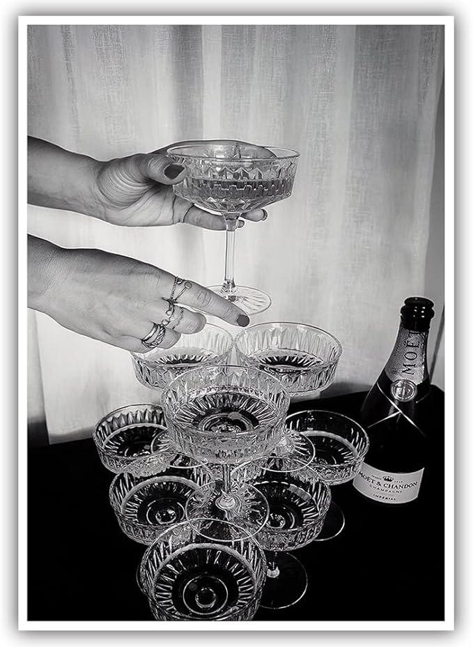 Vintage Champagne Glasses Posters Black and White Wall Art Trendy Wine Decor by Acqooeakt