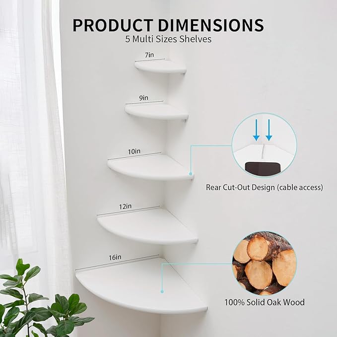 Gieanoo White Corner Wall Shelf 12inch Solid Oak Wood Floating Corner Shelf - Image 5